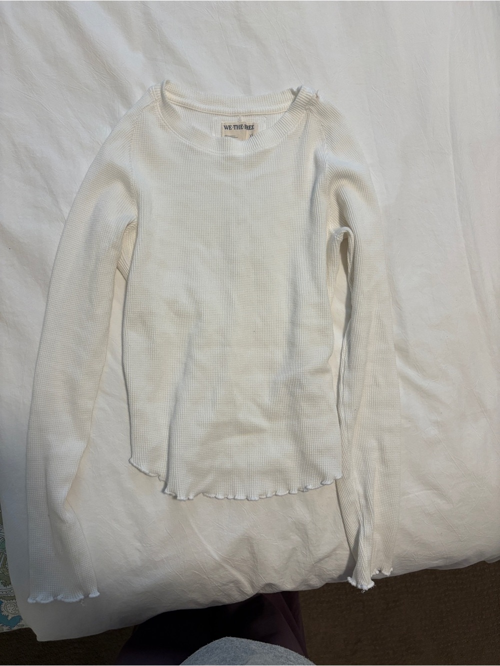 Free People Cream Ribbed Lettuce-Edge Long Sleeve Top